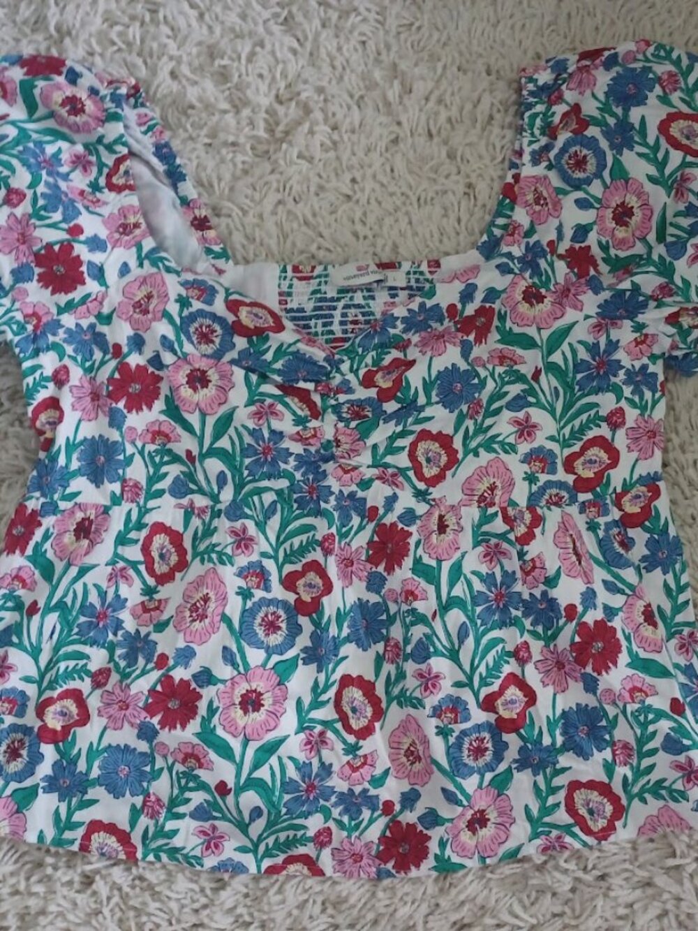 Vineyard Vines Tisbury Floral Top Womens L Cotton Puff Sleeve Smocked Blouse